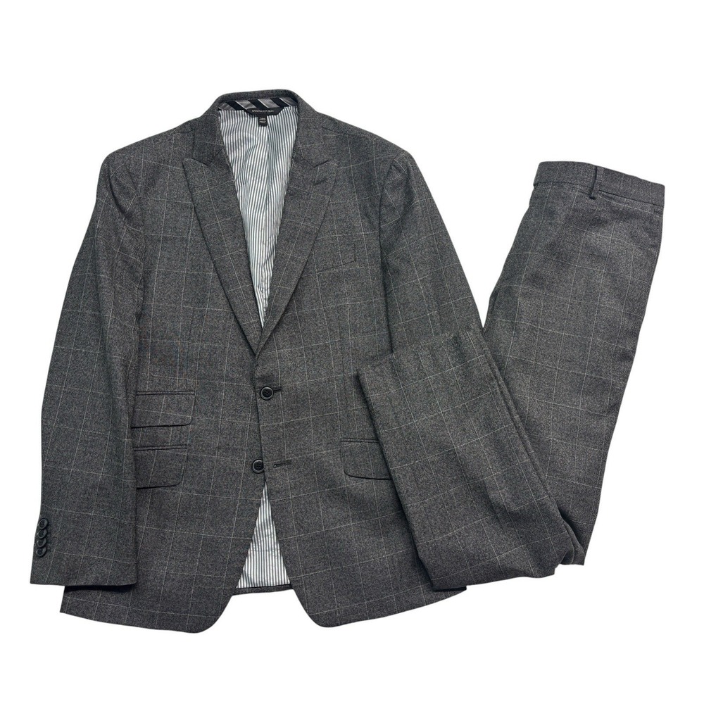 Banana Republic 38S 31x30 Gray Windowpane 2pc Pant Suit Marzotto Italian Fabric